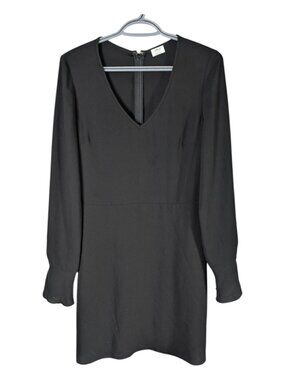 Aritzia Wilfred Black V-Neck Long-Sleeve Mini Dress Size 8 Silk Trim Classic Fit